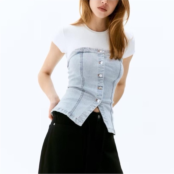 H&M Light Blue Denim Button Down Bandeau Top Size MEDIUM BNWT - Picture 3 of 4